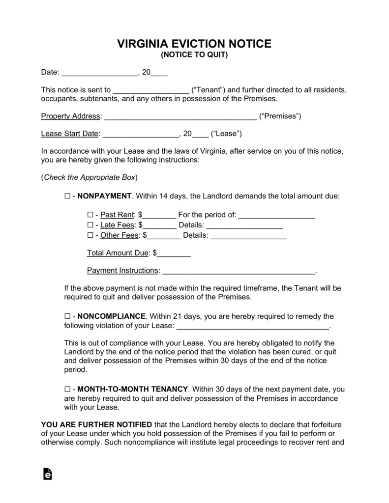 Free Virginia Eviction Notice Forms Process And Laws PDF Word 
