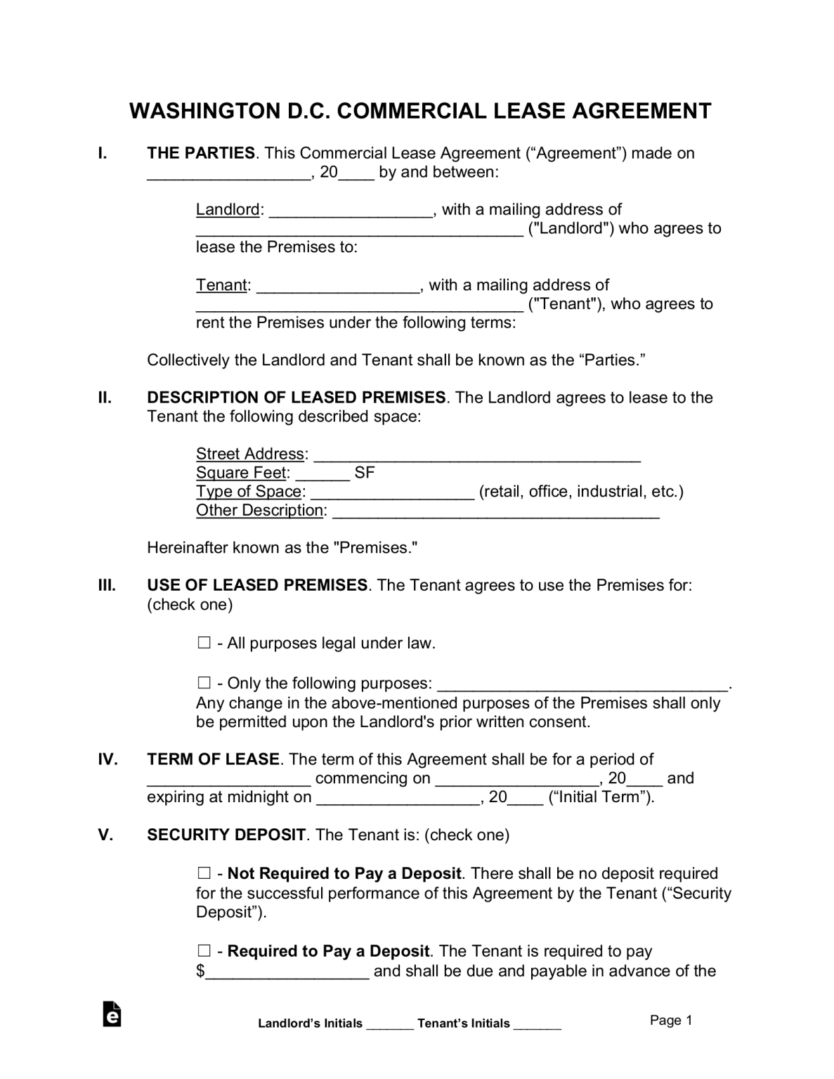 Free Washington D C Commercial Lease Agreement Template PDF Word