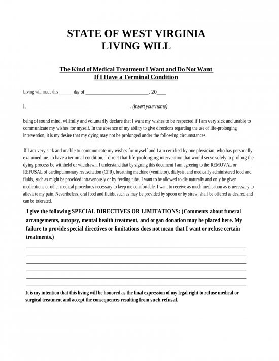 Free West Virginia Living Will Form PDF EForms