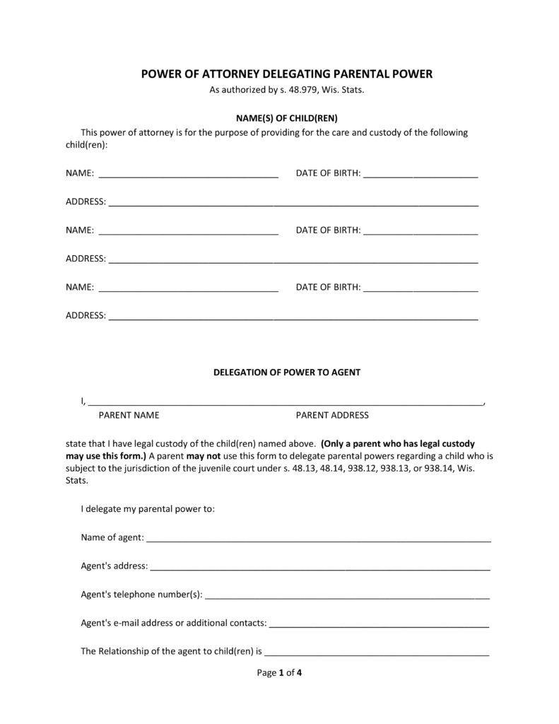 Free Wisconsin Minor Child Power Of Attorney Form PDF EForms