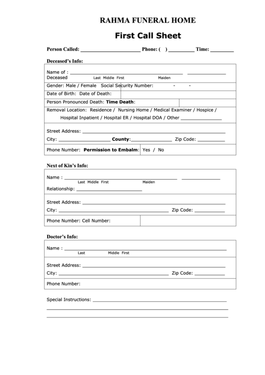 Funeral First Call Sheet Rahma Funeral Home Printable Pdf Download