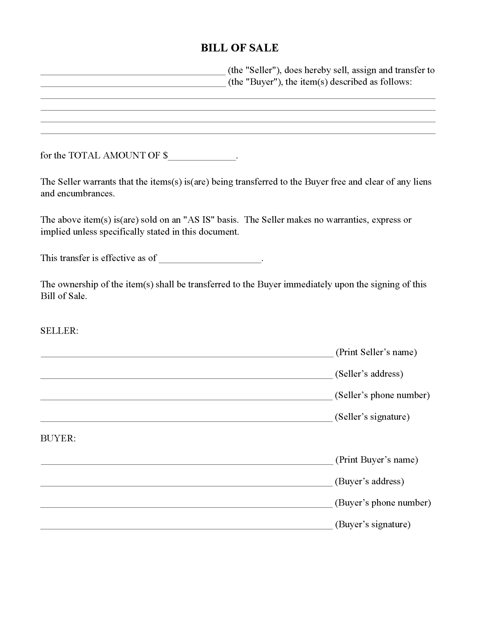 Generic Bill Of Sale Form Fillable Pdf Free Printable Legal Forms 5289