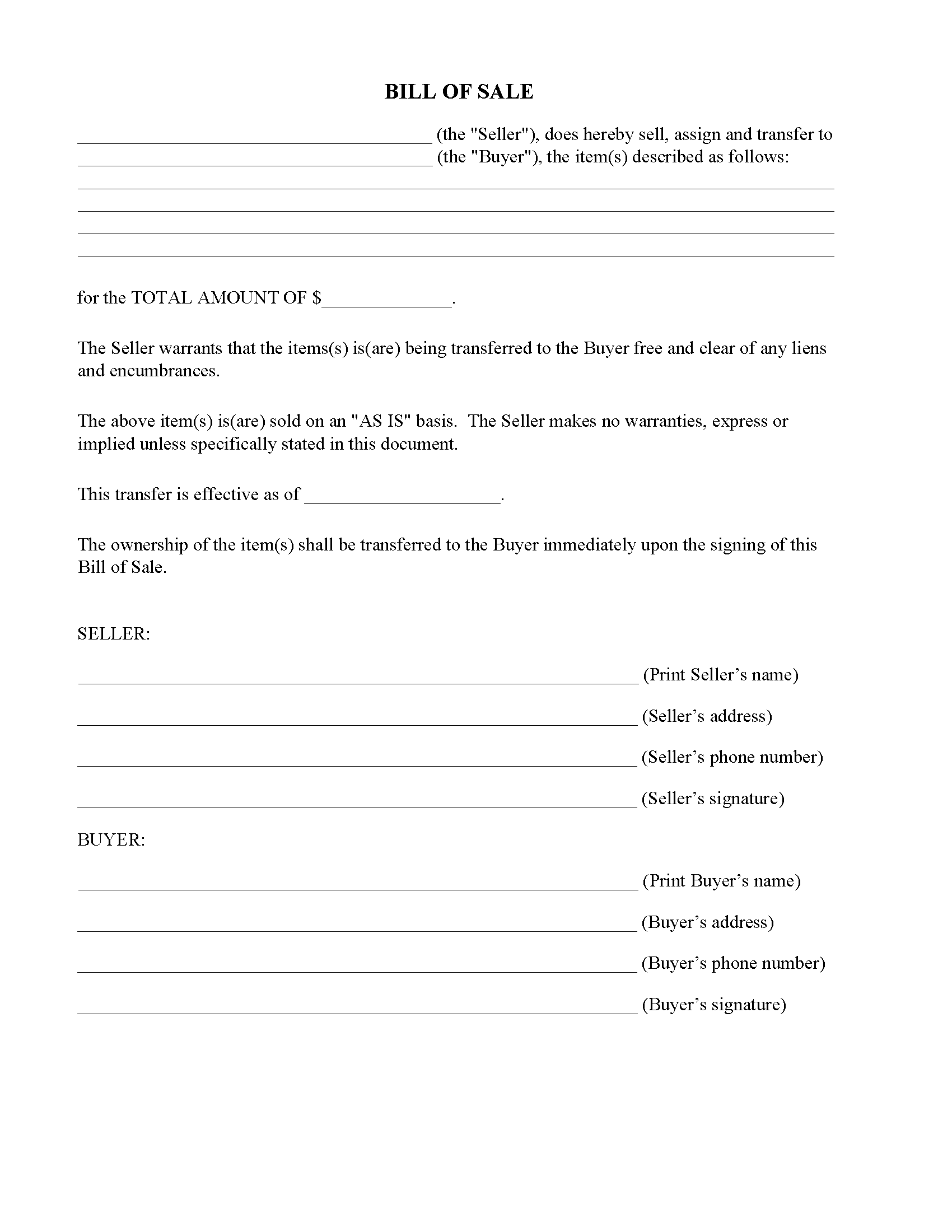 Generic Bill Of Sale Form Fillable PDF Free Printable Legal Forms