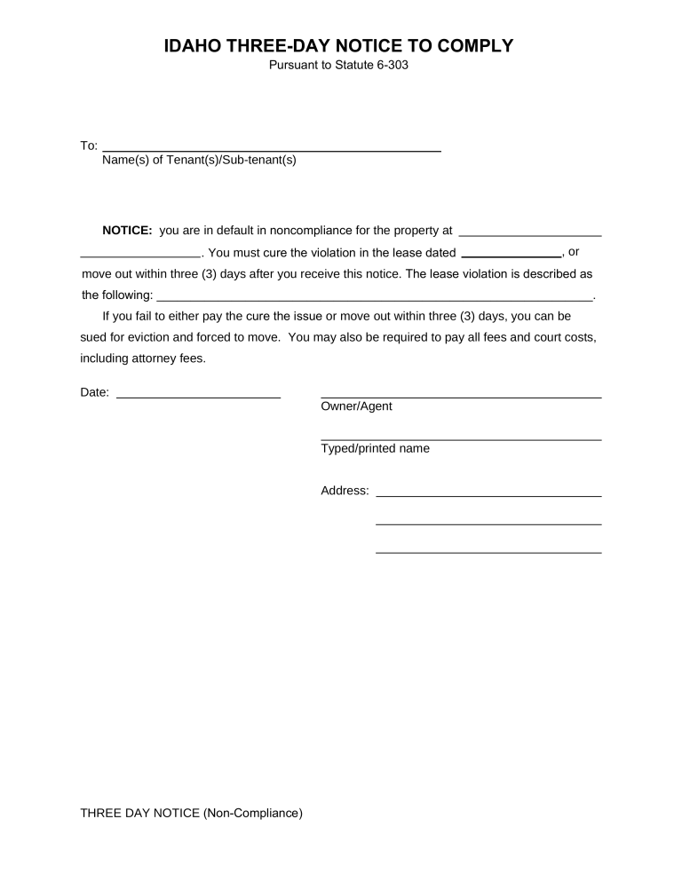 Idaho 3 Day Notice To Quit Form Non Compliance EForms