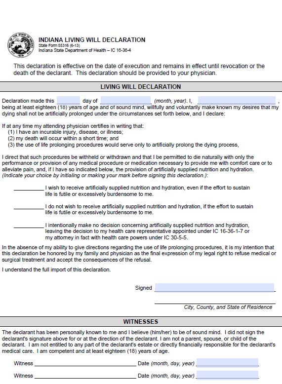 Indiana Blank Printable Living Will Form Word Free Printable Legal 