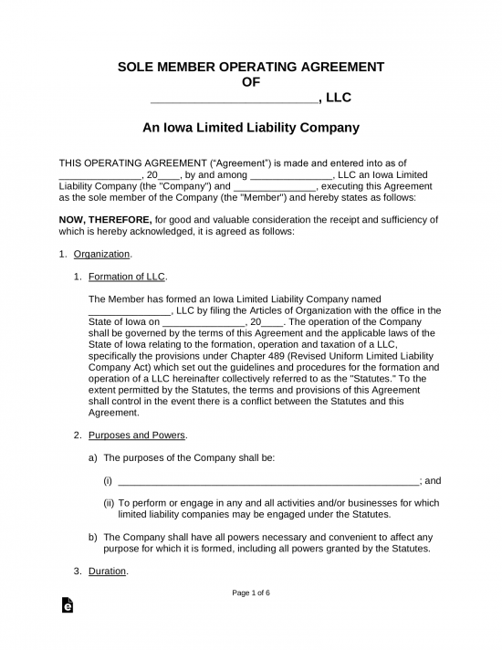 Iowa Single Member LLC Operating Agreement Form EForms