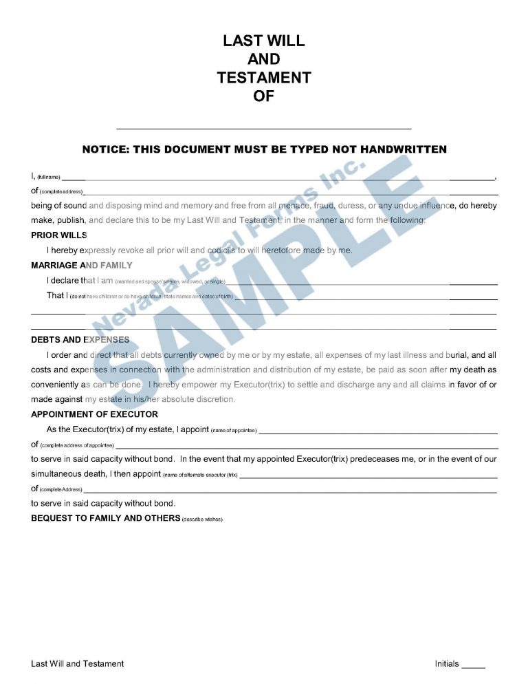 LAST WILL AND TESTAMENT Nevada Legal Forms Services