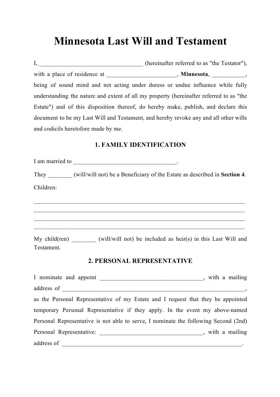 Minnesota Last Will And Testament Template Download Printable PDF