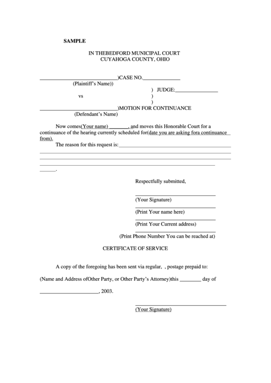 Motion For Continuance Civil Sample Printable Pdf Download