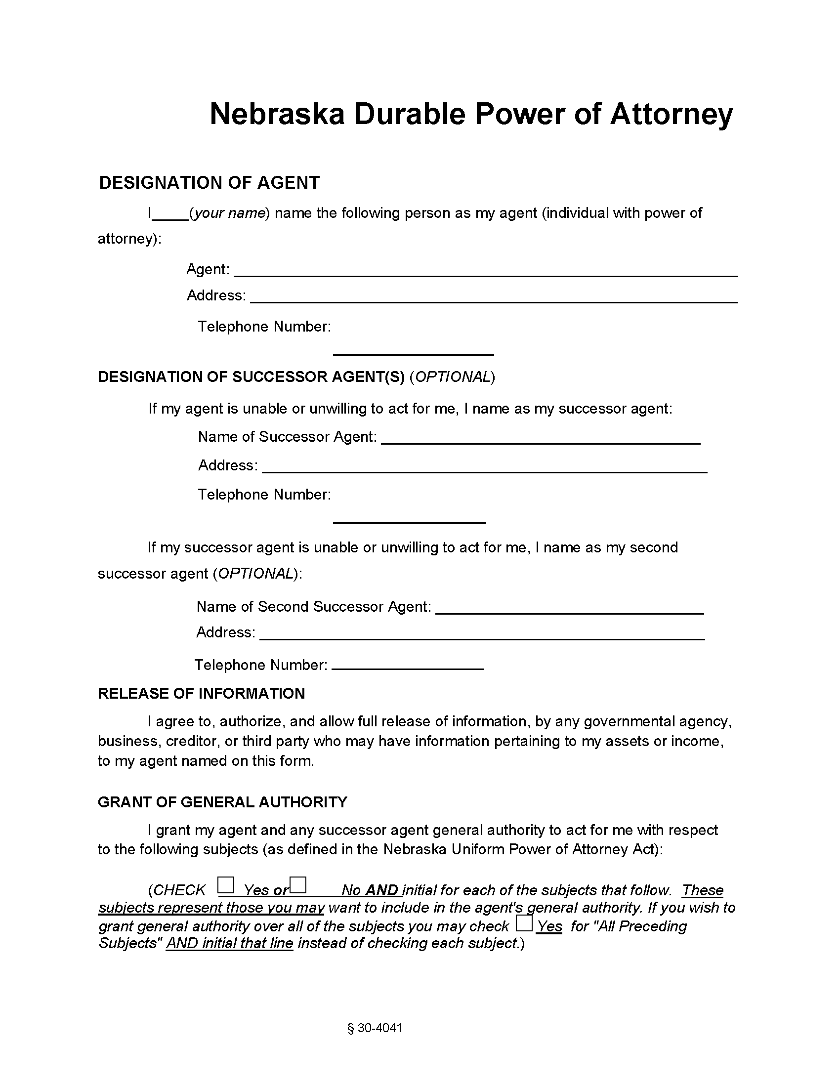 Nebraska Durable Power Of Attorney Form Fillable PDF Free Printable