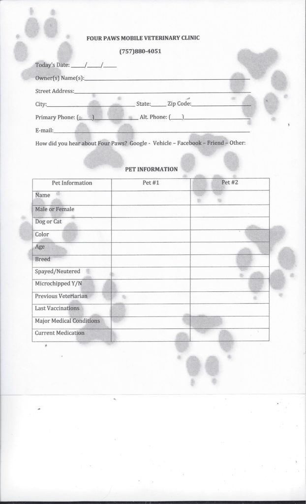 New Client Form Paws Mobile Veterinary Clinic Paws Mobile