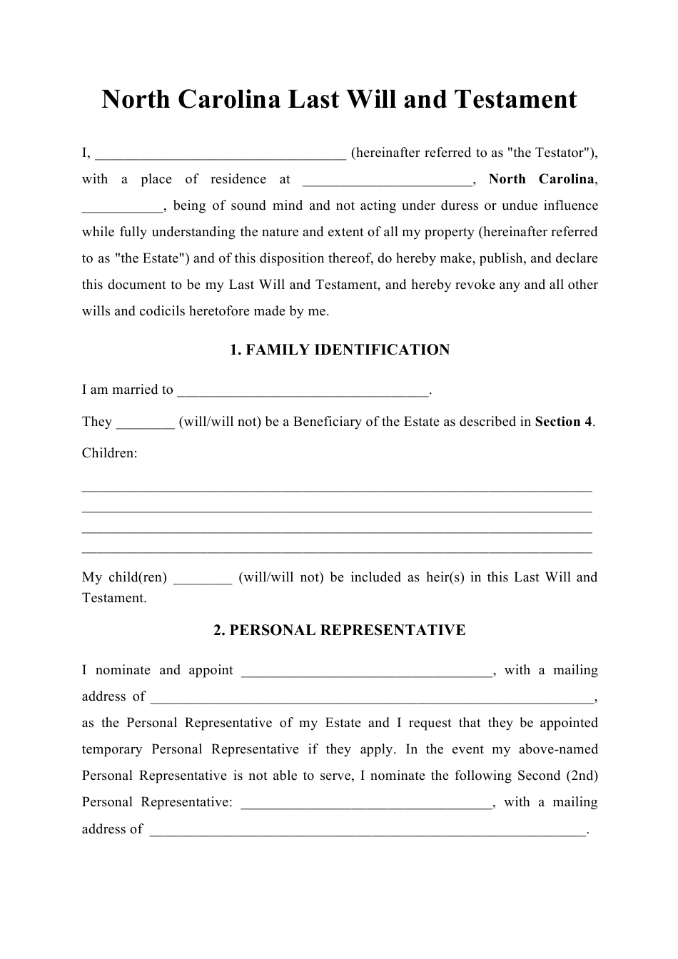 North Carolina Last Will And Testament Template Download Printable PDF