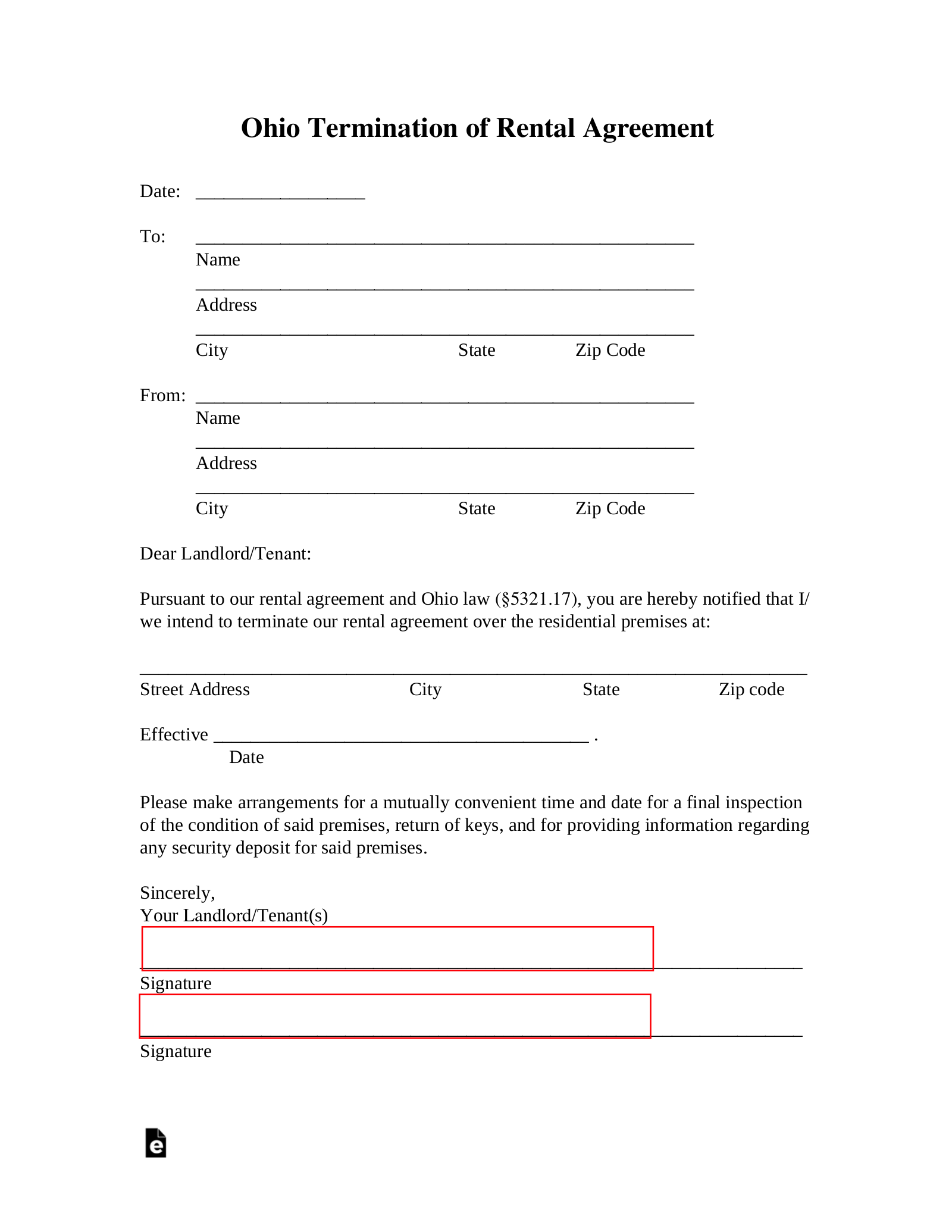 Ohio Lease Termination Letter Form 30 Day Notice EForms