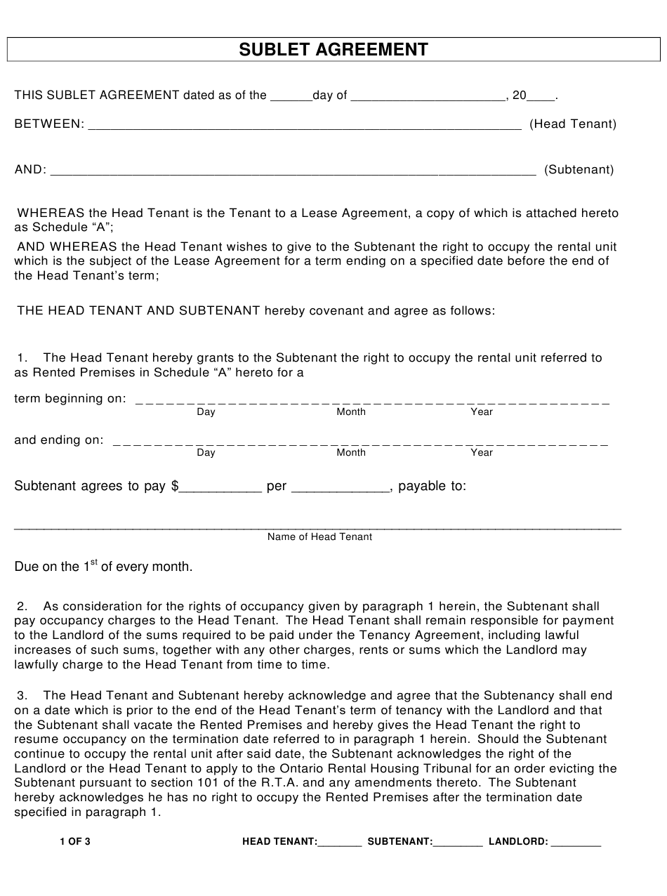 Ontario Canada Sublet Agreement Form Download Printable PDF