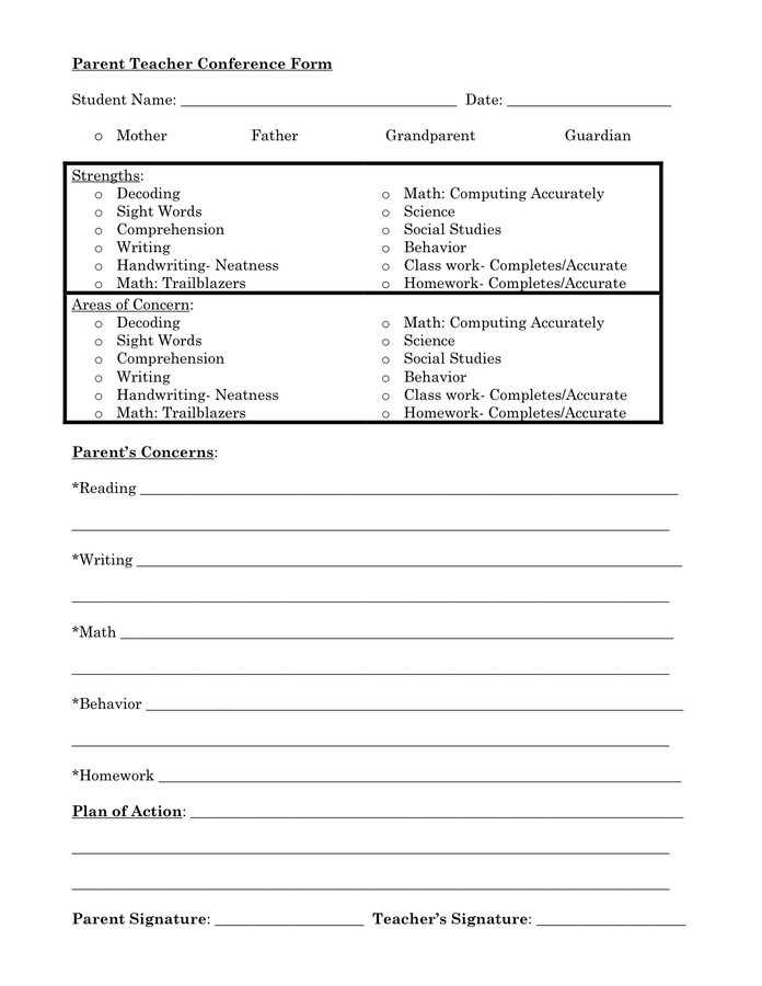 Parent Teacher Conference Forms Download Free Documents For PDF Word 