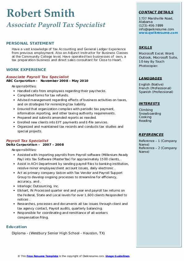 Payroll Tax Specialist Resume Samples QwikResume