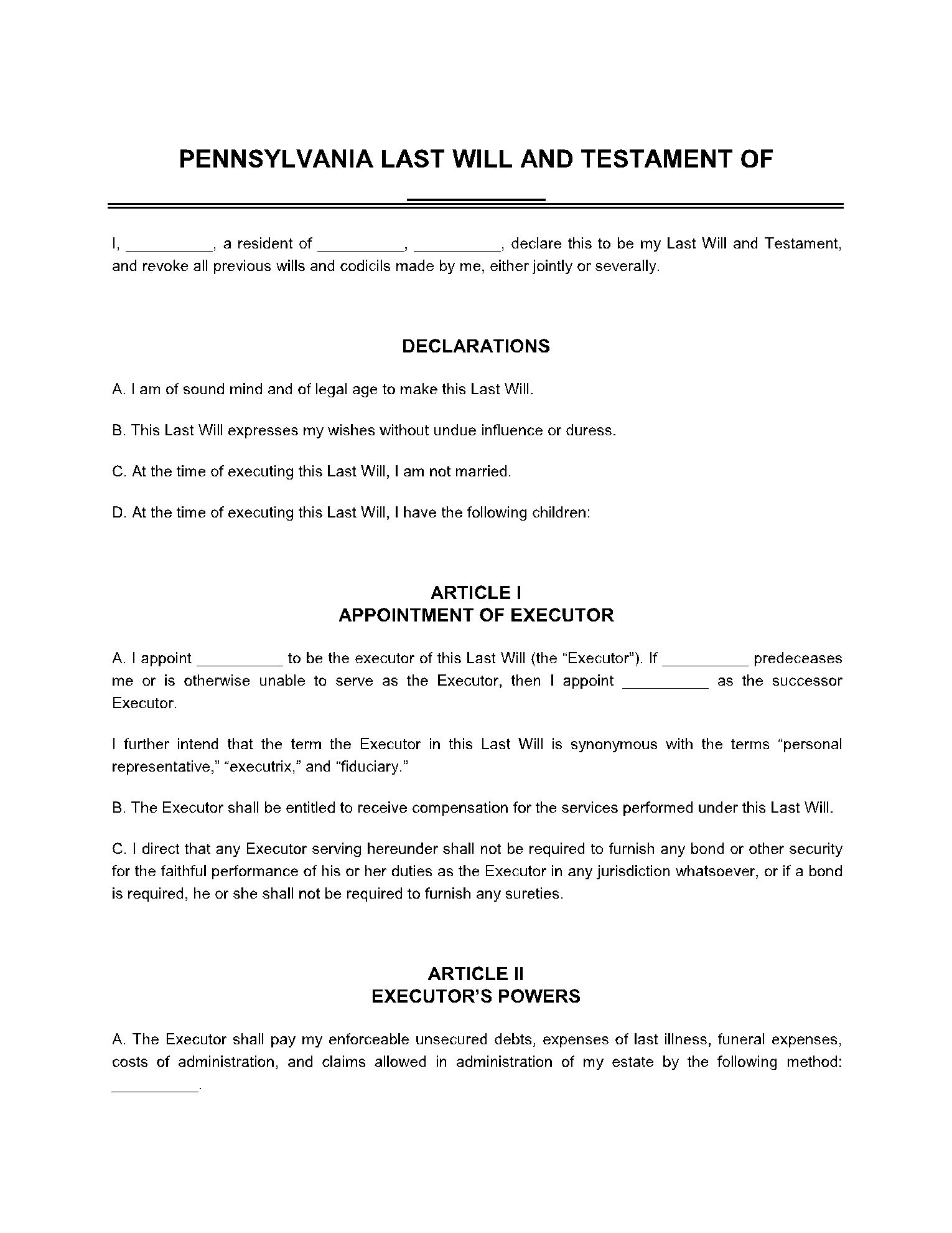 Pennsylvania Last Will And Testament Template FREE