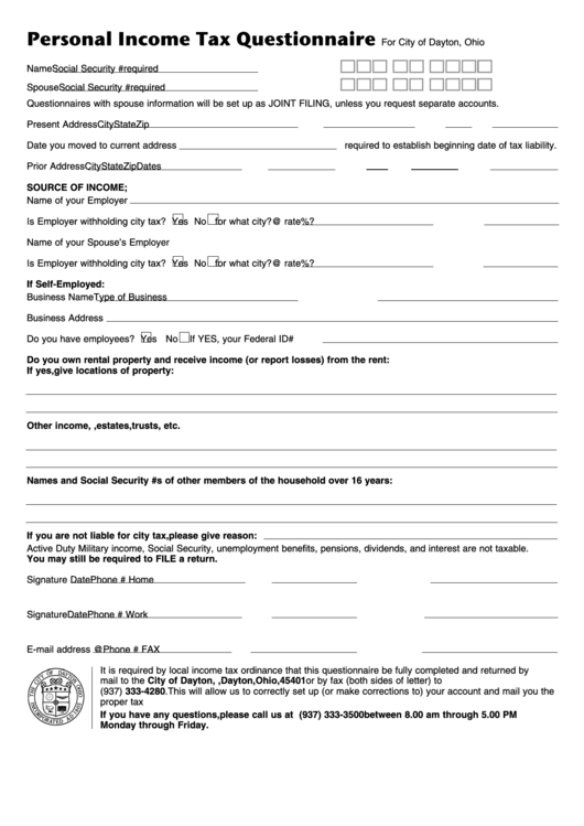 Personal Income Tax Questionnaire Form Printable Pdf Download