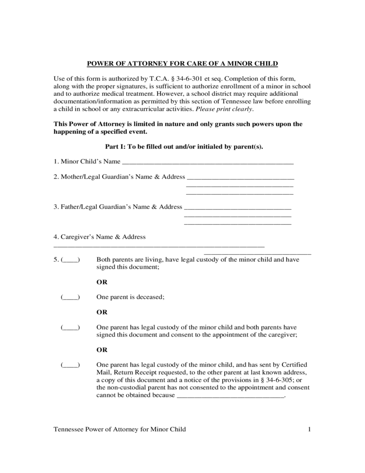 Power Of Attorney For Guardianship Of Children Tennessee Free Download