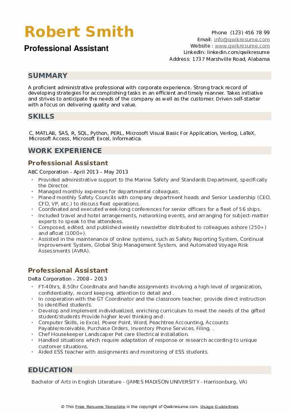 Professional Assistant Resume Samples QwikResume