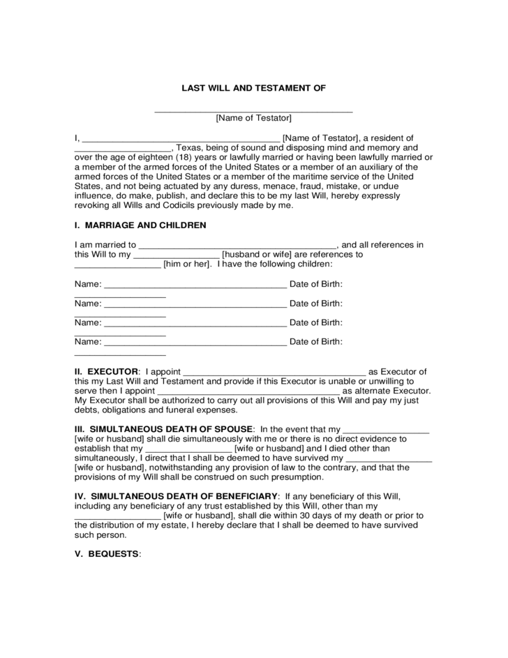 Sample Last Will And Testament Form Free Download