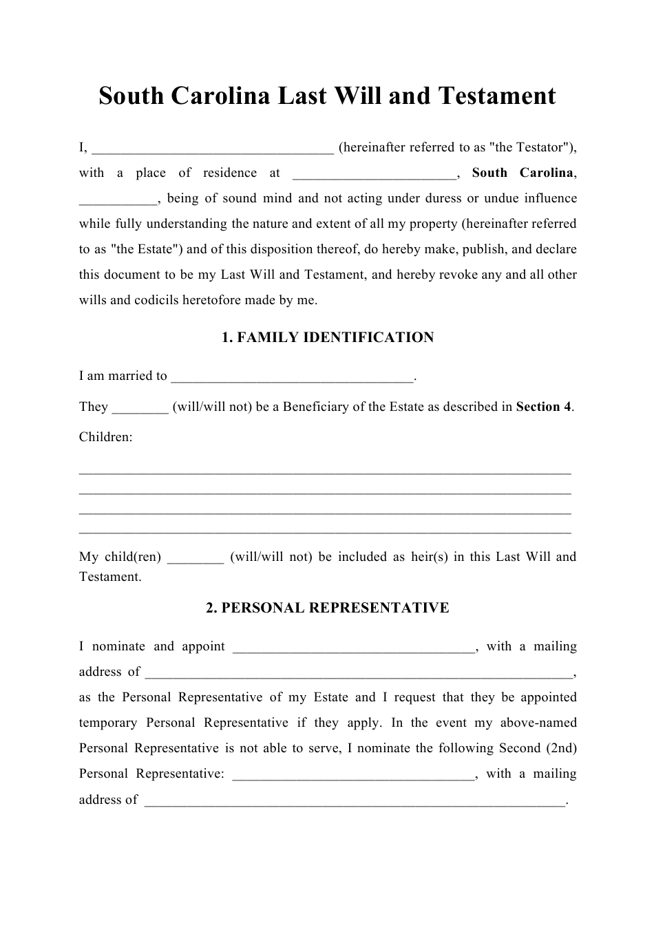 South Carolina Last Will And Testament Template Download Printable PDF