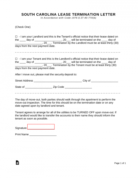 South Carolina Lease Termination Letter Form 30 Day Notice EForms