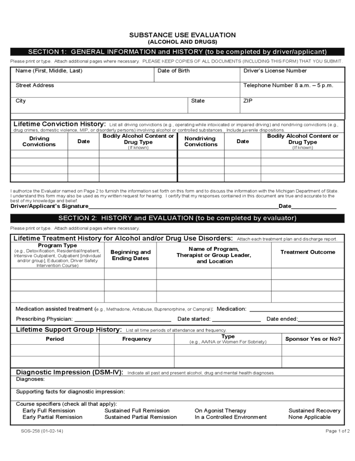 Substance Abuse Evaluation Form Michigan Free Download