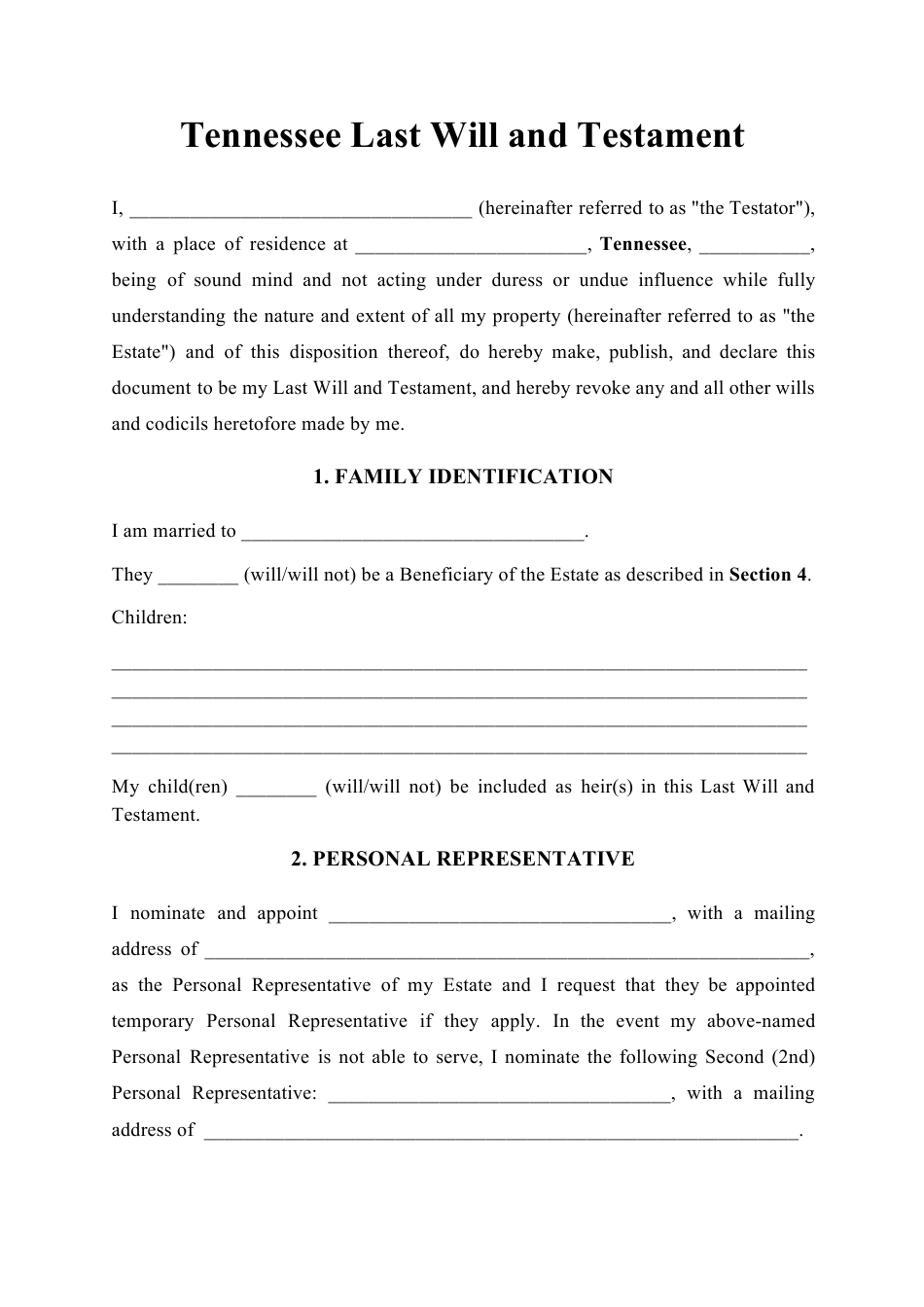 Tennessee Last Will And Testament Template Download Printable PDF