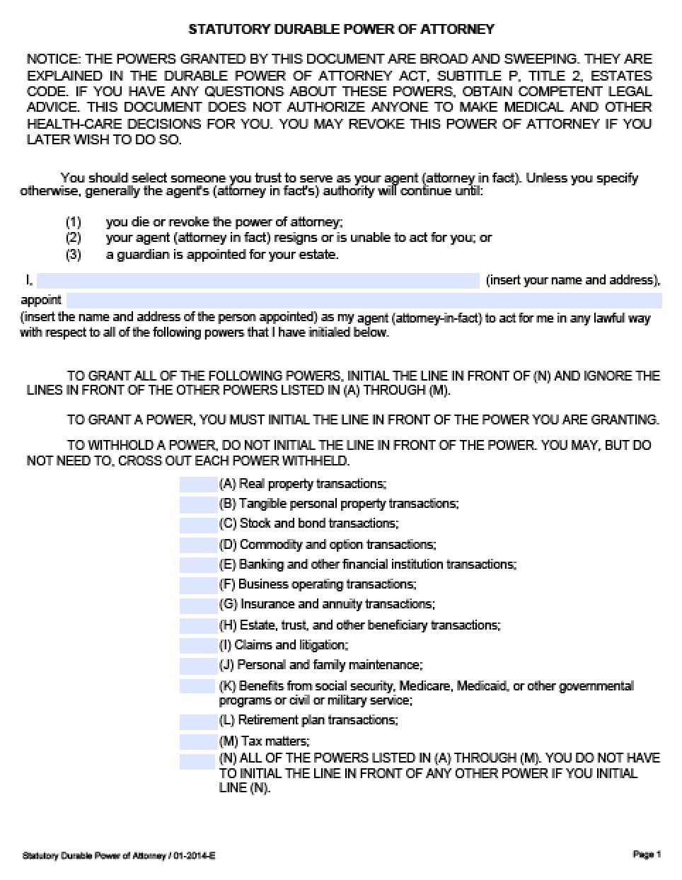 Texas Durable Financial Power Of Attorney Form Power Of Attorney 