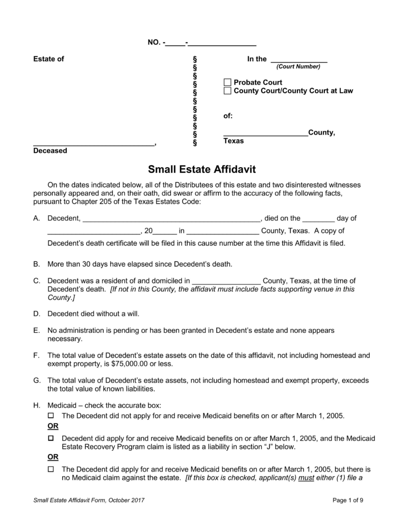 Texas Small Estate Affidavit Template 100 Customizable 